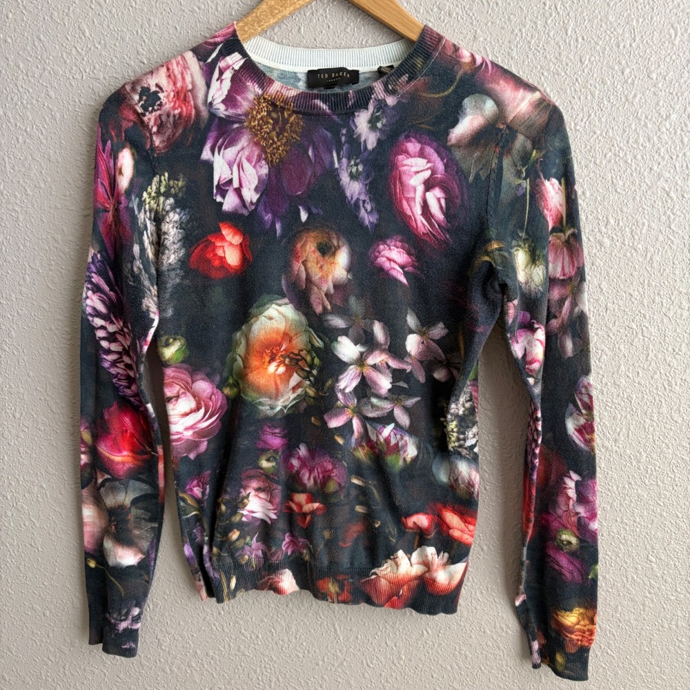Ted Baker London Noline Shadow Black Floral Print Cotton Sweater 4 US